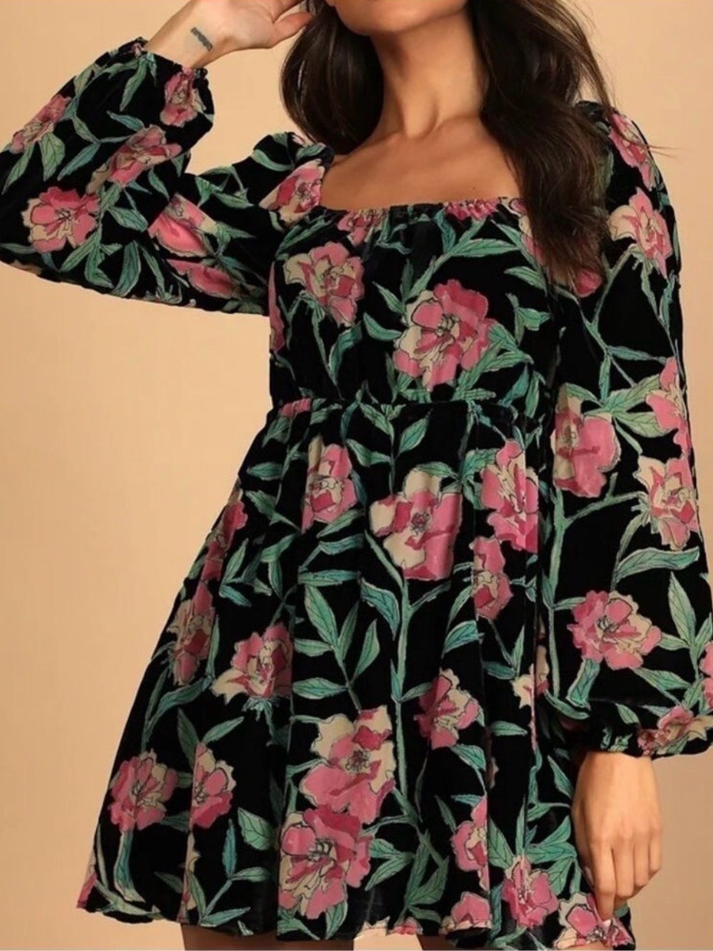 Lulus Blissful Garden Black Floral Print Burnout Velvet Babydoll Dress